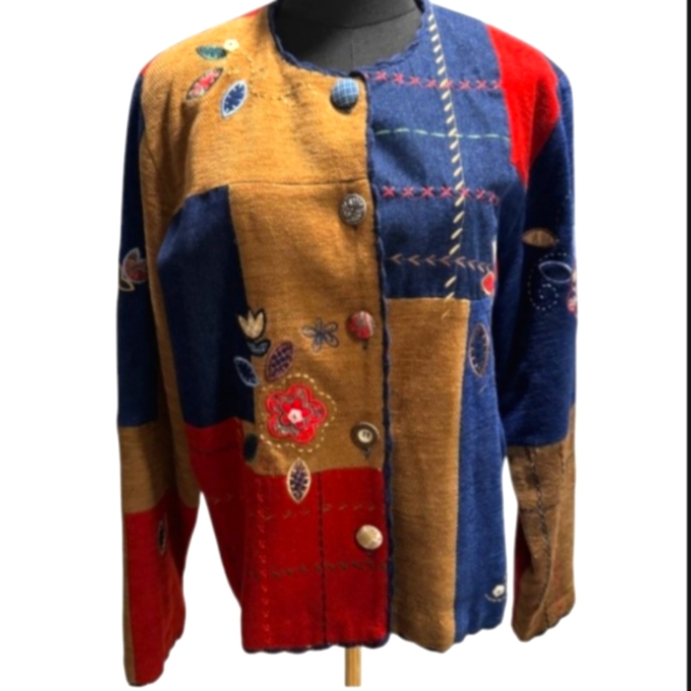 KORET CITY BLUES Vintage Retro Boho Patchwork Cardigan Embroidered Details SZ M